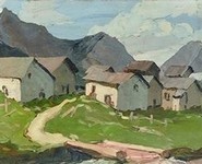 Tableau sur un village en montagne de l'artiste peintre Lucien Poignant
